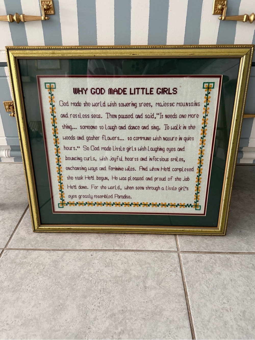 Framed Cross-Stitch Poem "Why God Made Little Girls" - Green Mat